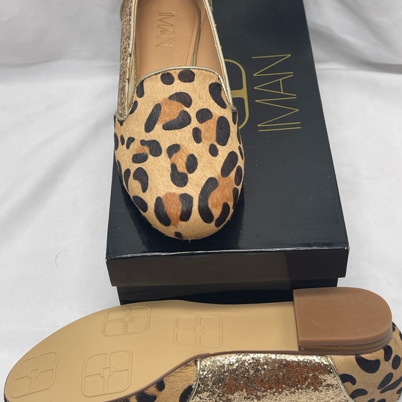 IMAN NWB 7 Calf Hair Gold Glitter Leopard Cheetah Animal Flats Shoes Loafer - Picture 7 of 7
